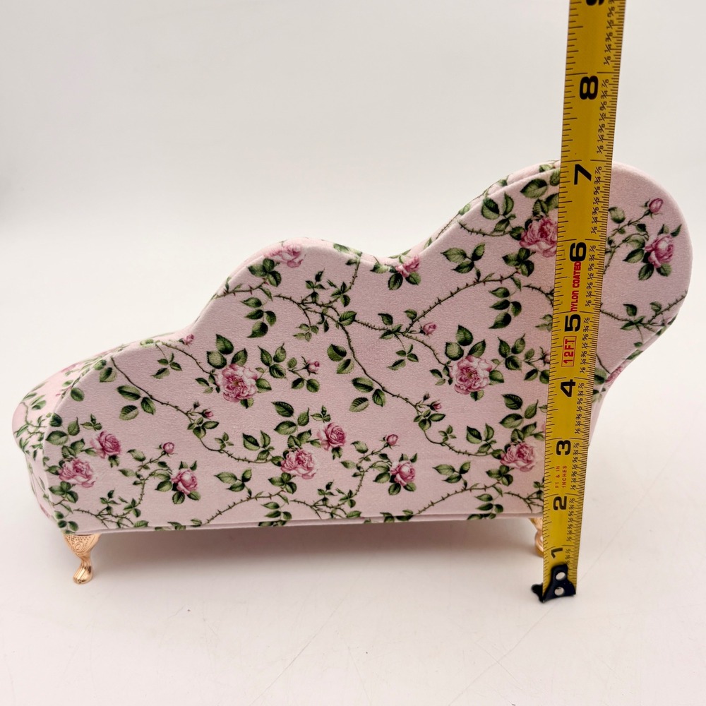 Pink Floral Rose Chaise Lounge Jewelry Box Miniature Sofa Mirror Ring Storage - Picture 8 of 10
